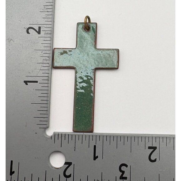 Vintage Enamel Cross Pendant Green and Bronze Tone Double Sided Religious - Picture 3 of 7